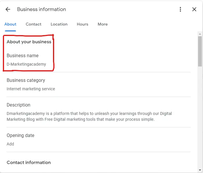 Highlighted image of Google my business information section on Gmb profile