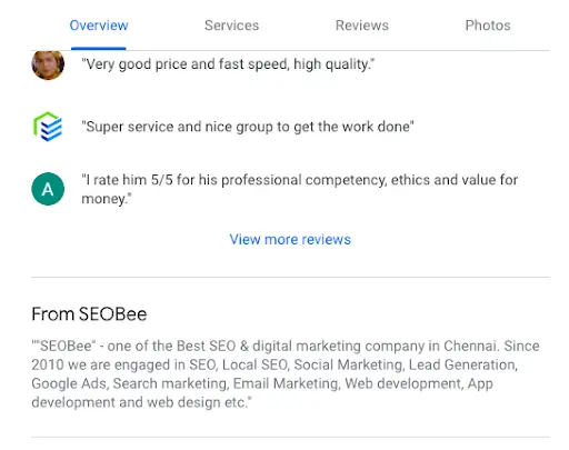 Description of SEOBEE on thier Google My Business Profile