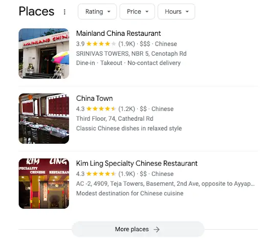 Google My business search result for Chinese Restuarant