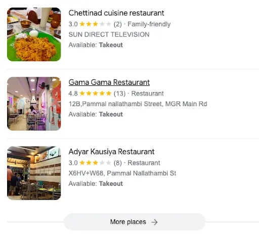 Google my business SERP RANKING FOR Restaurents in Adyar